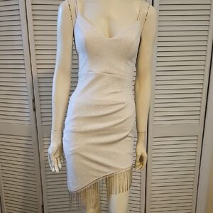 Sparkling White Mini Dress with Fringe
